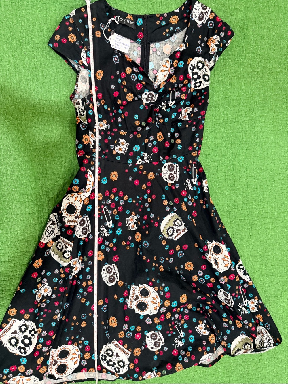 Black Sugar Skull Fit & Flare Midi Dress with Floral Accents